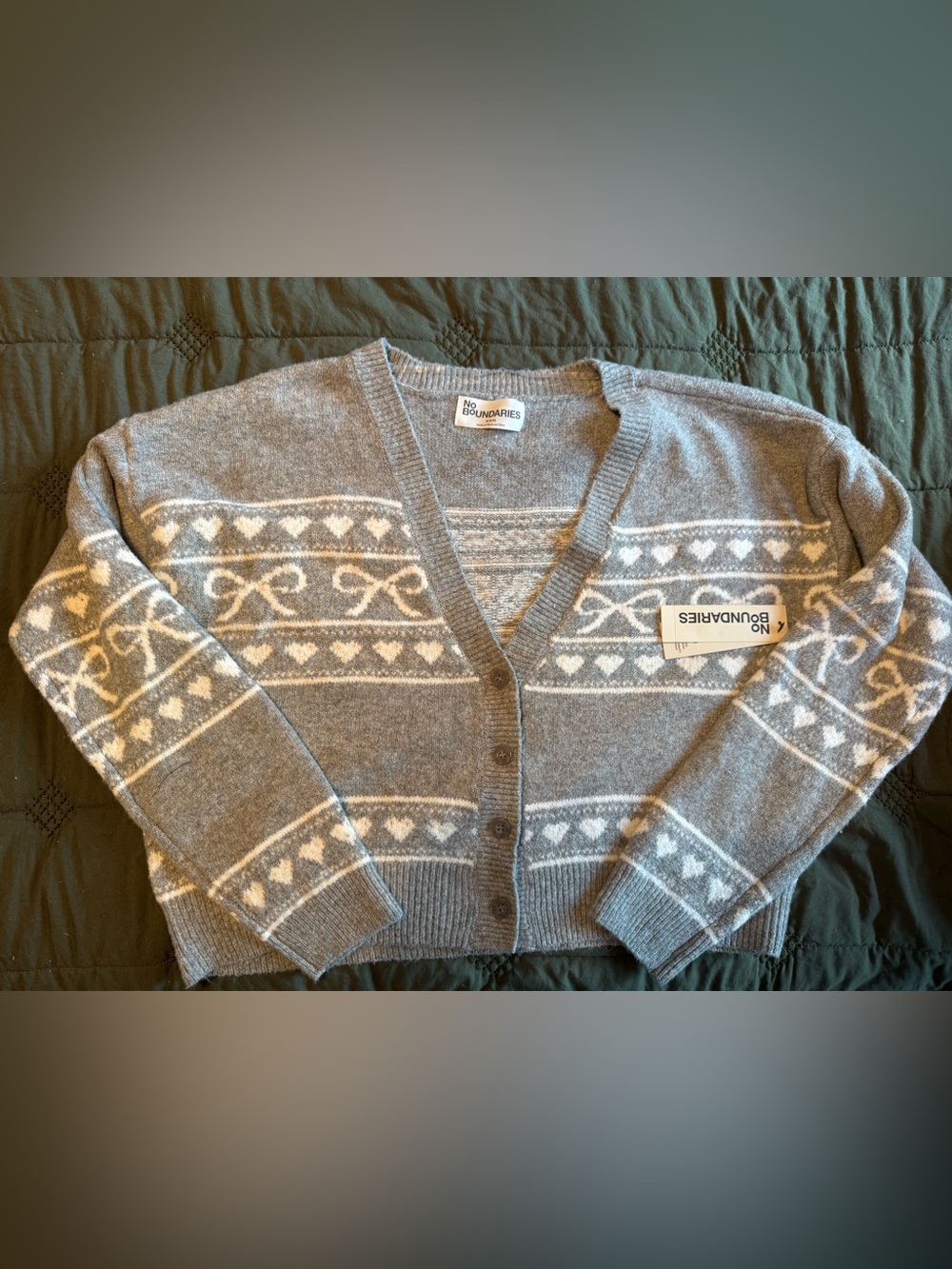 No Boundaries Gray and White Heart-Bow V-Neck Cardigan